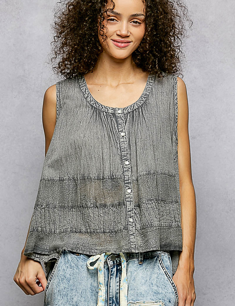 POL Button Down Round Neck Tank with Crochet Contrast on Simply Obsessed