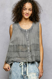 POL Button Down Round Neck Tank with Crochet Contrast on Simply Obsessed