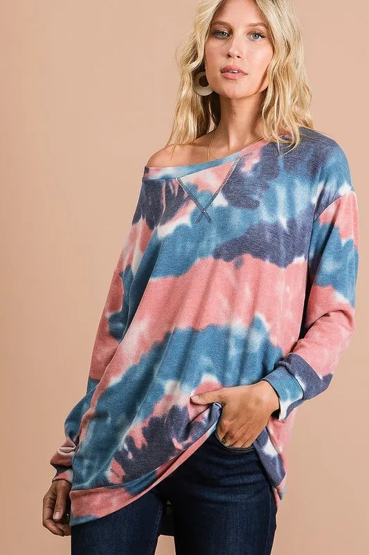 BiBi Tie Dye French Terry Pull Over with Front Stitching Detail on Simply Obsessed