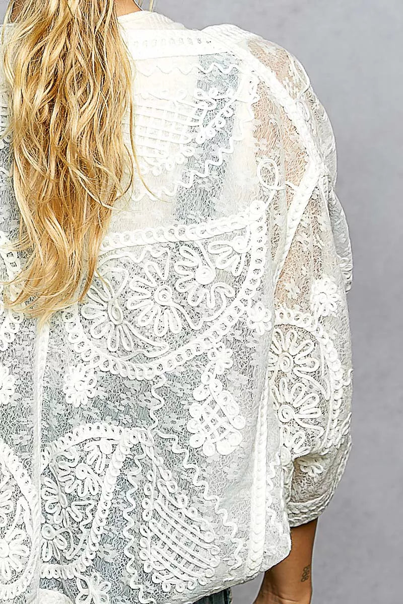 POL Open Front Crochet Cardigan with Floral Embroidery on Simply Obsessed