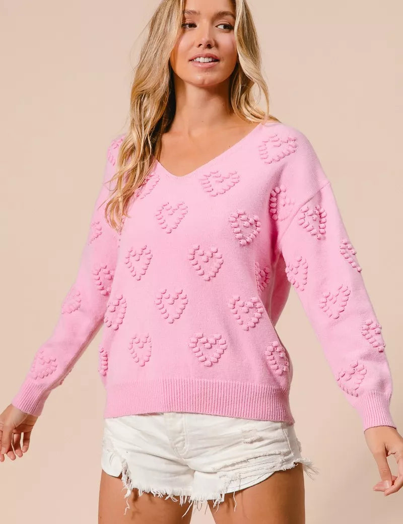 BiBi Valentines Heart Pompom V Neck Knit Top on Simply Obsessed