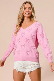 BiBi Valentines Heart Pompom V Neck Knit Top on Simply Obsessed