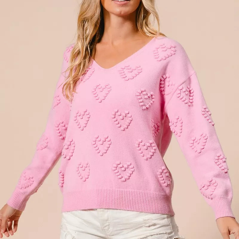 BiBi Valentines Heart Pompom V Neck Knit Top on Simply Obsessed