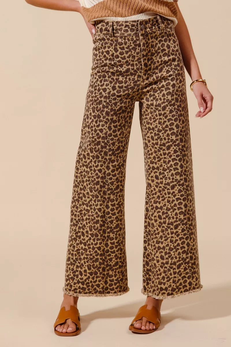 SO ME Mid Rise Leopard Twill Frayed Hem Wide Leg Pants on Simply Obsessed