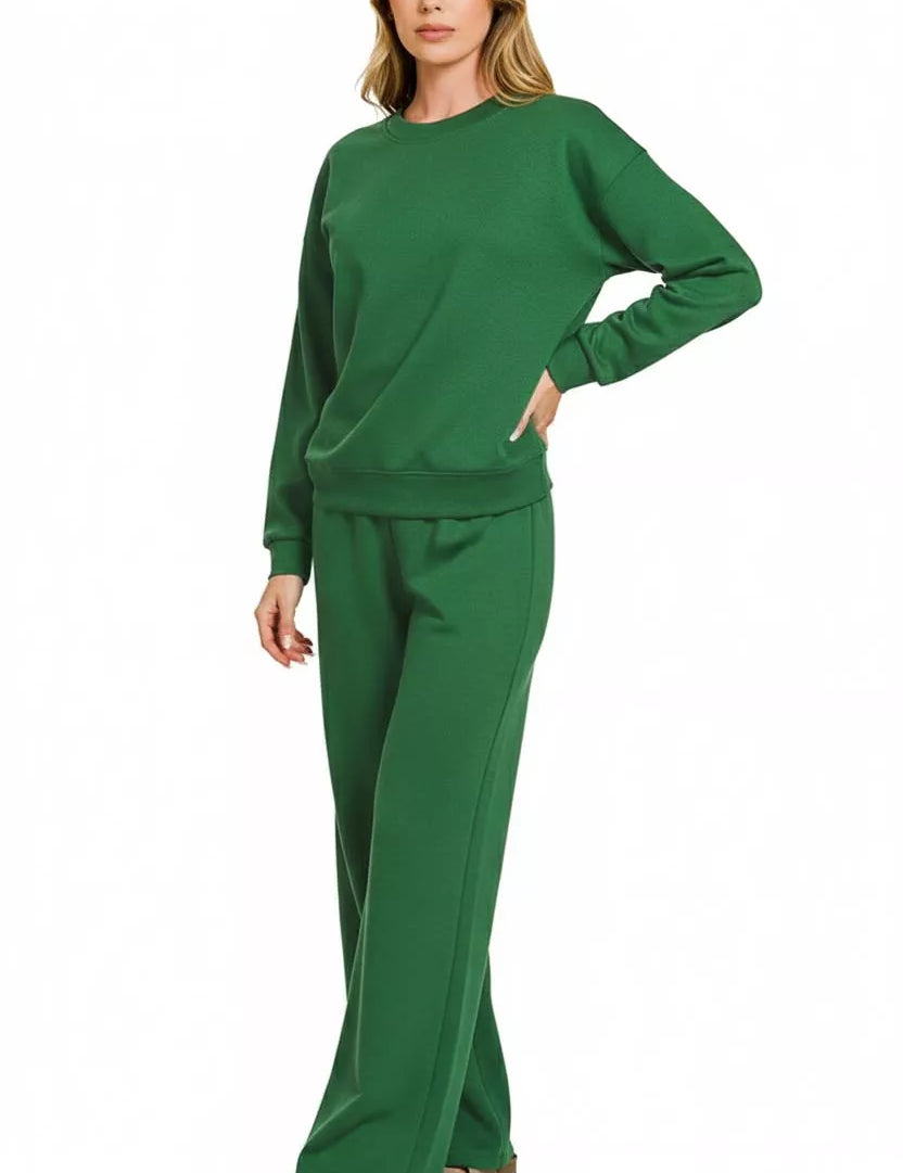 ZENANA Scuba Crewneck Pullover and Pants Set on Simply Obsessed