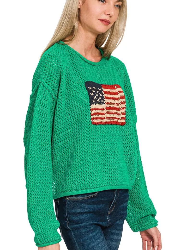ZENANA American Flag Crew Neck Sweater on Simply Obsessed