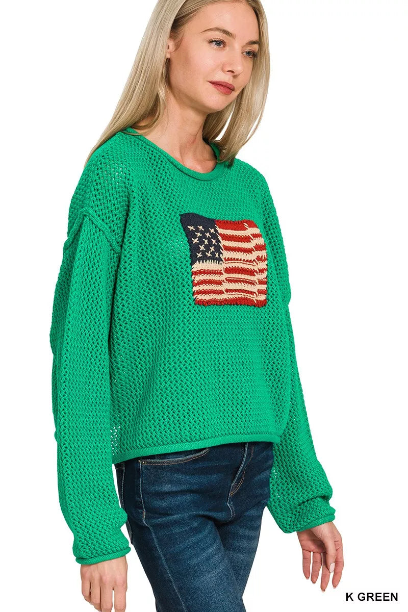 ZENANA American Flag Crew Neck Sweater on Simply Obsessed