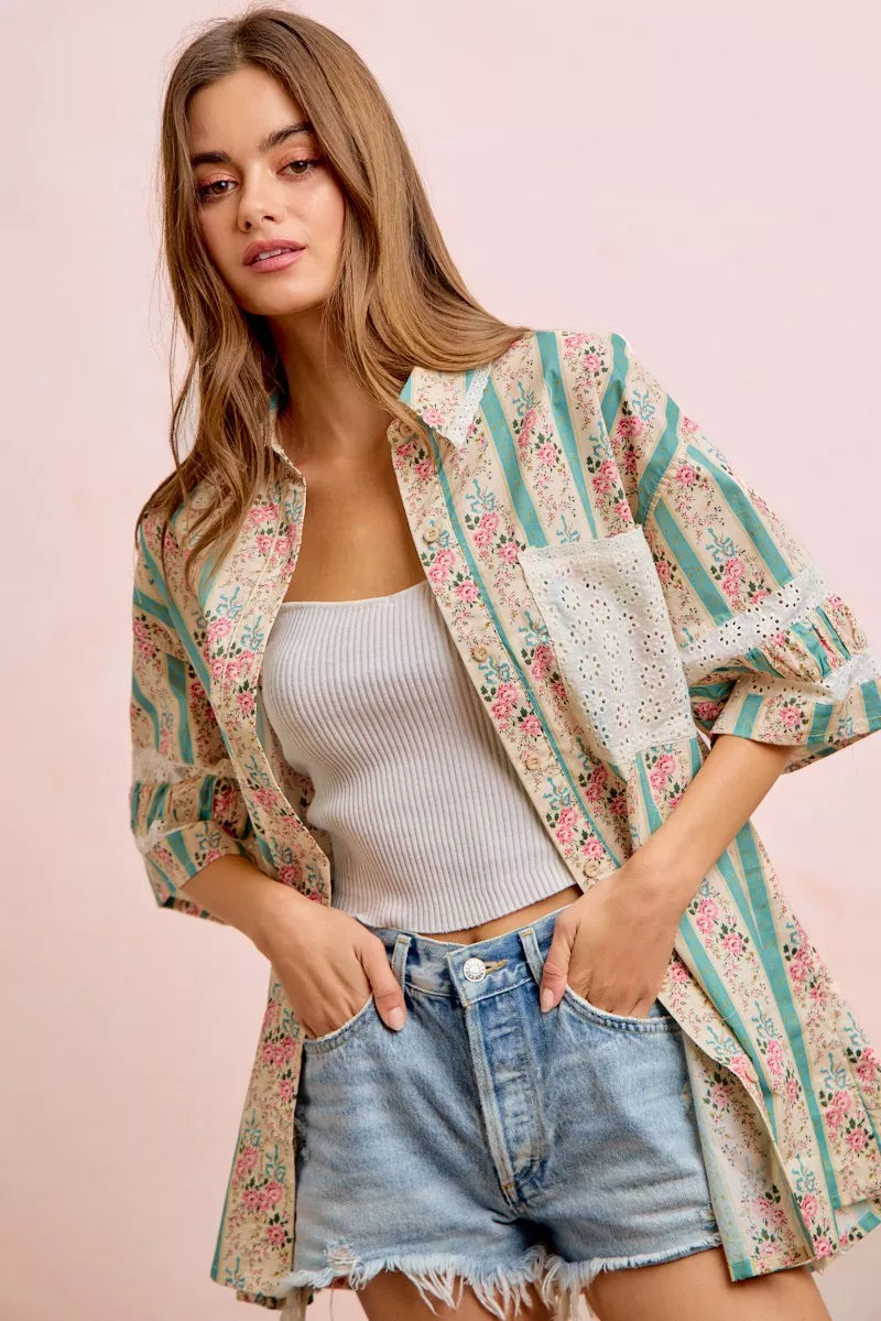 BIBI Eyelet Lace And Floral Mix And Match Shirt Top on Simply Obsessed