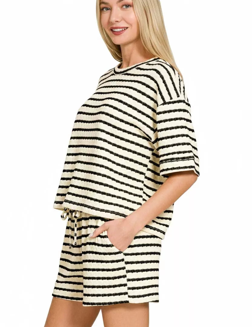 ZENANA Striped Short Sleeve Tee & Shorts Set on Simply Obsessed