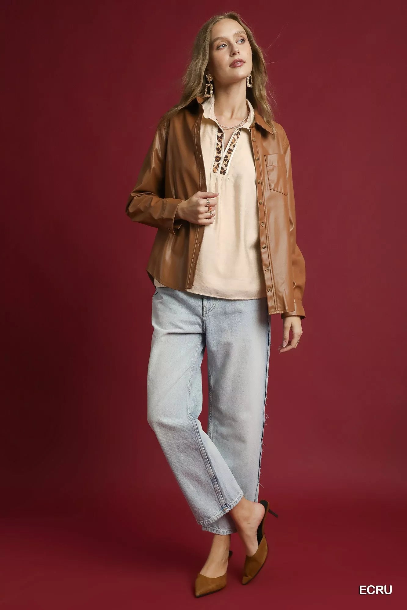 Umgee Long Sleeve Blouse with Leopard Print Trim on Simply Obsessed