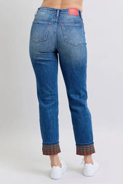 JUDY BLUE Full Size Plaid Print Cuff Straight Leg Jeans with Pockets *BF DEAL* on Simply Obsessed