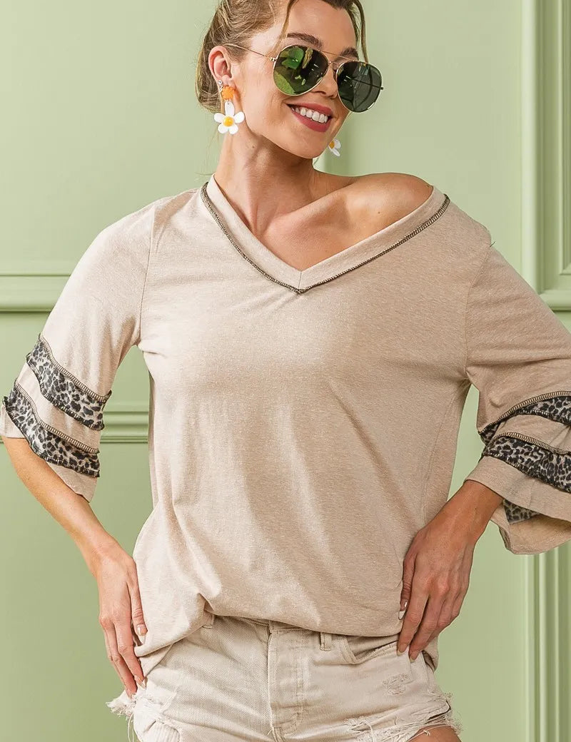 BiBi Triblend Knit Top with Leopard Band Detail on Simply Obsessed
