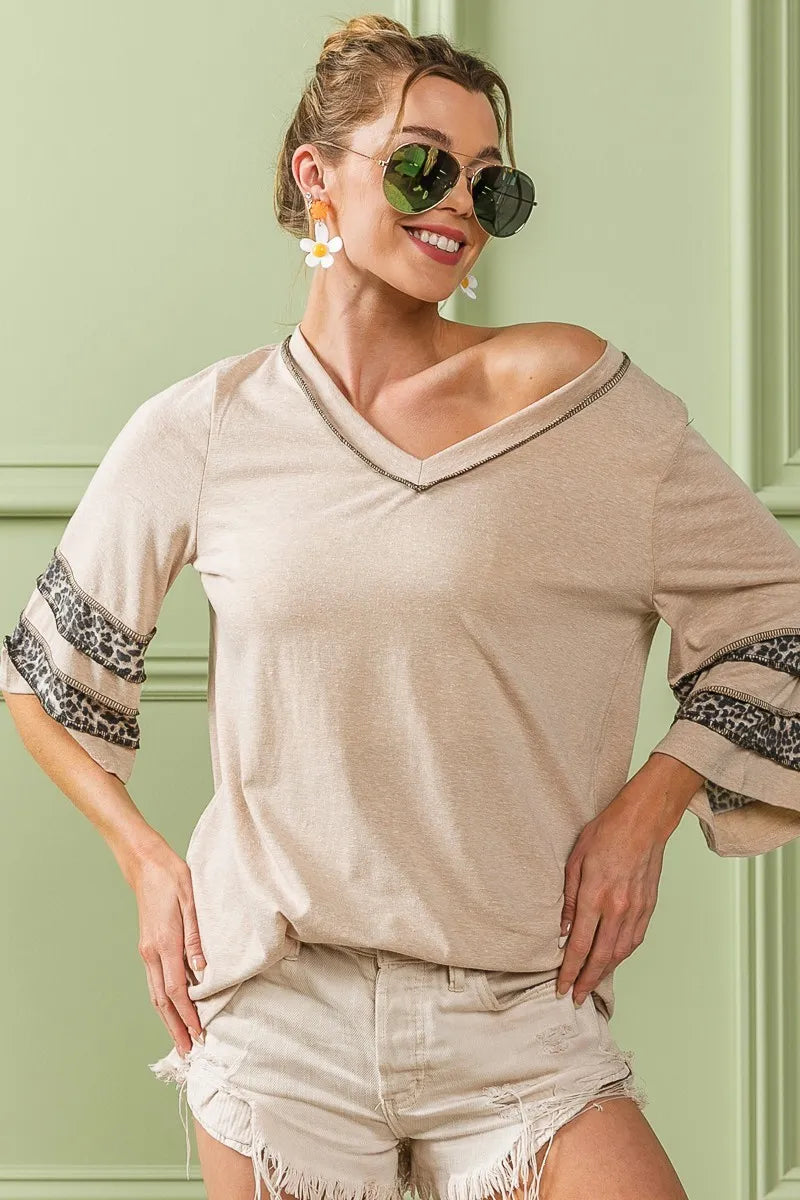 BiBi Triblend Knit Top with Leopard Band Detail on Simply Obsessed