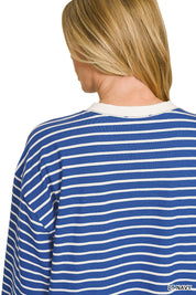 ZENANA Striped Rib Banded Sweatshirt on Simply Obsessed