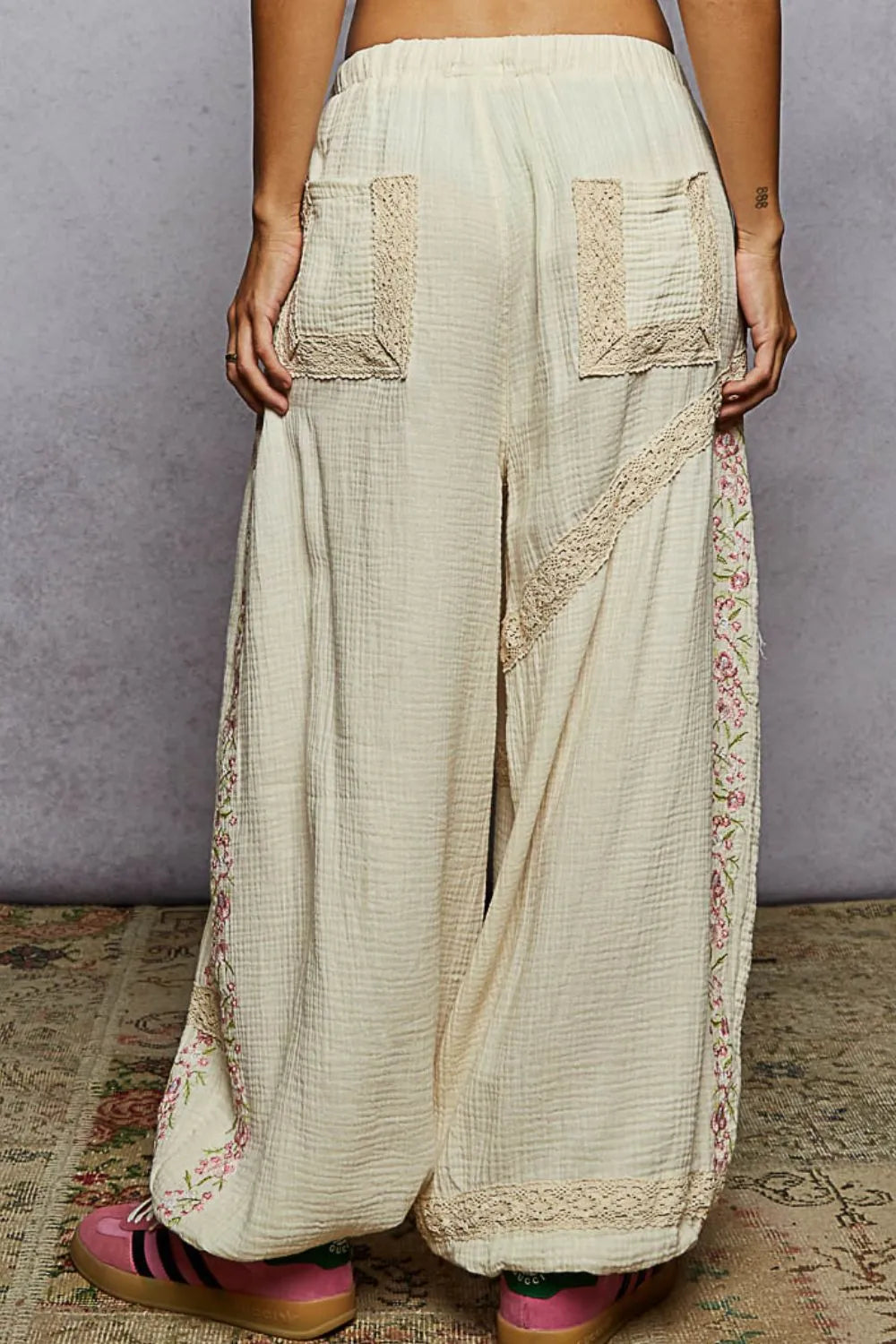 POL Floral Embroidered Drawstring Joggers with Lace Trim on Simply Obsessed