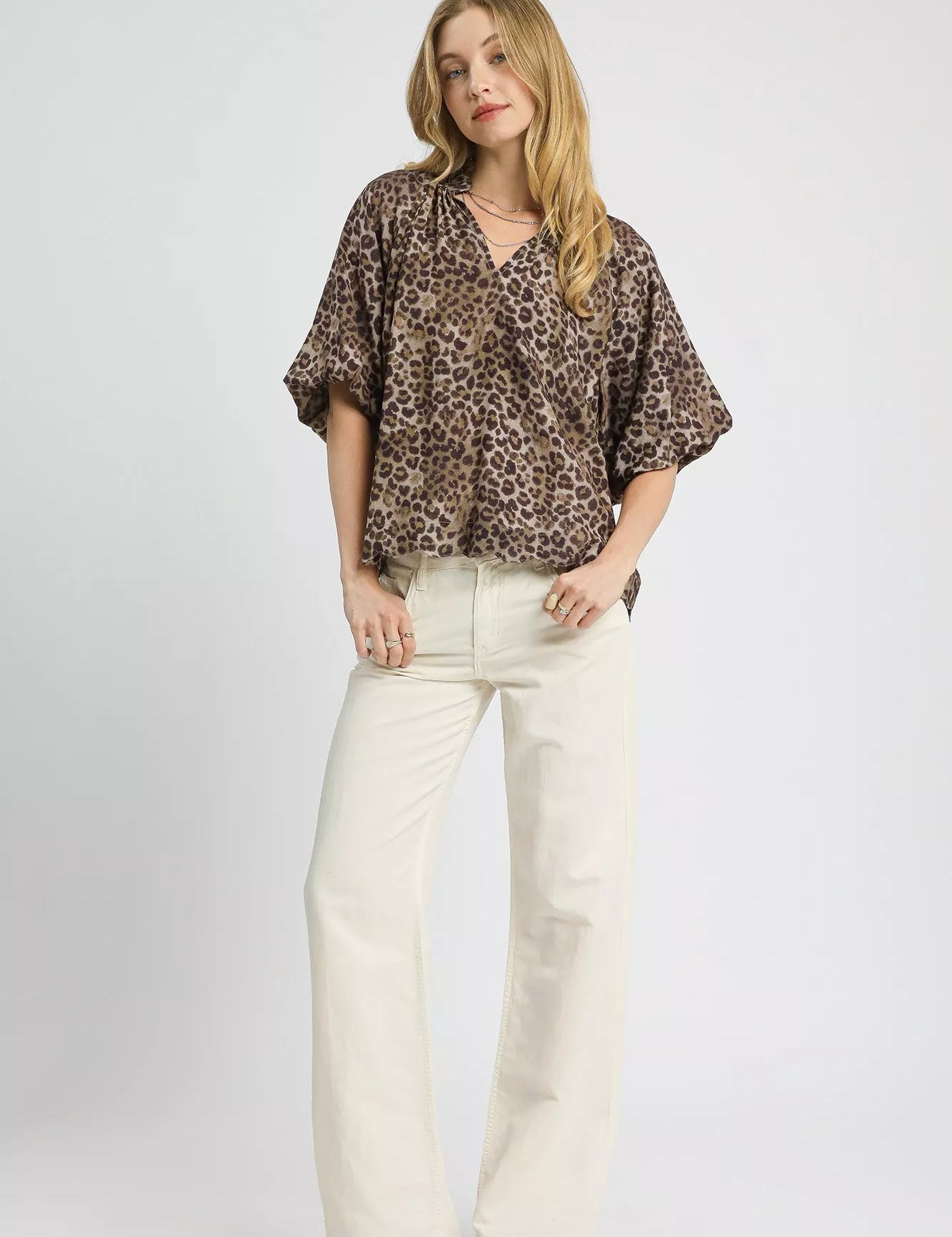 Umgee Leopard Bubble Sleeve Scalloped Hem Blouse on Simply Obsessed