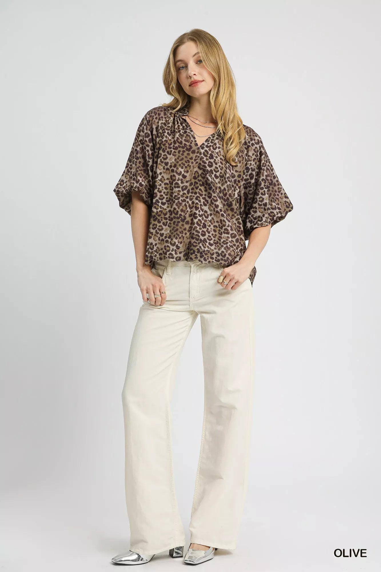 Umgee Leopard Bubble Sleeve Scalloped Hem Blouse on Simply Obsessed