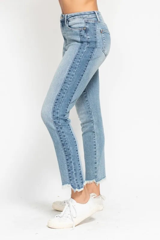 JUDY BLUE Full Size Vintage Wash Side Panel Detail with Fray Hem Slim Plus Size on Simply Obsessed