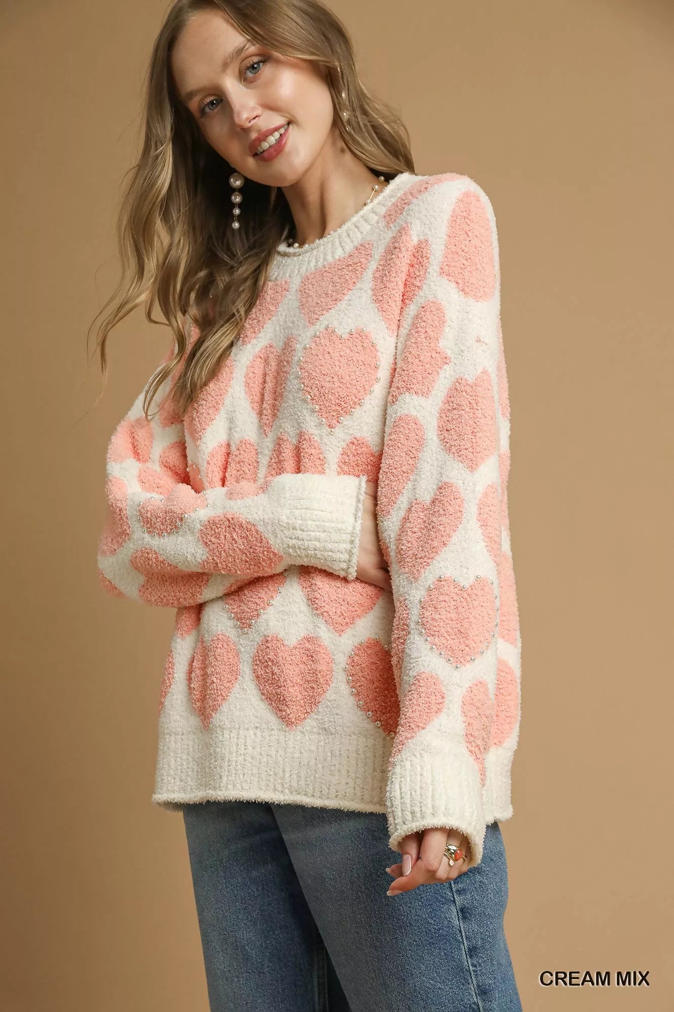 Umgee Mix Heart Pattern Pearl Accent Sweater on Simply Obsessed