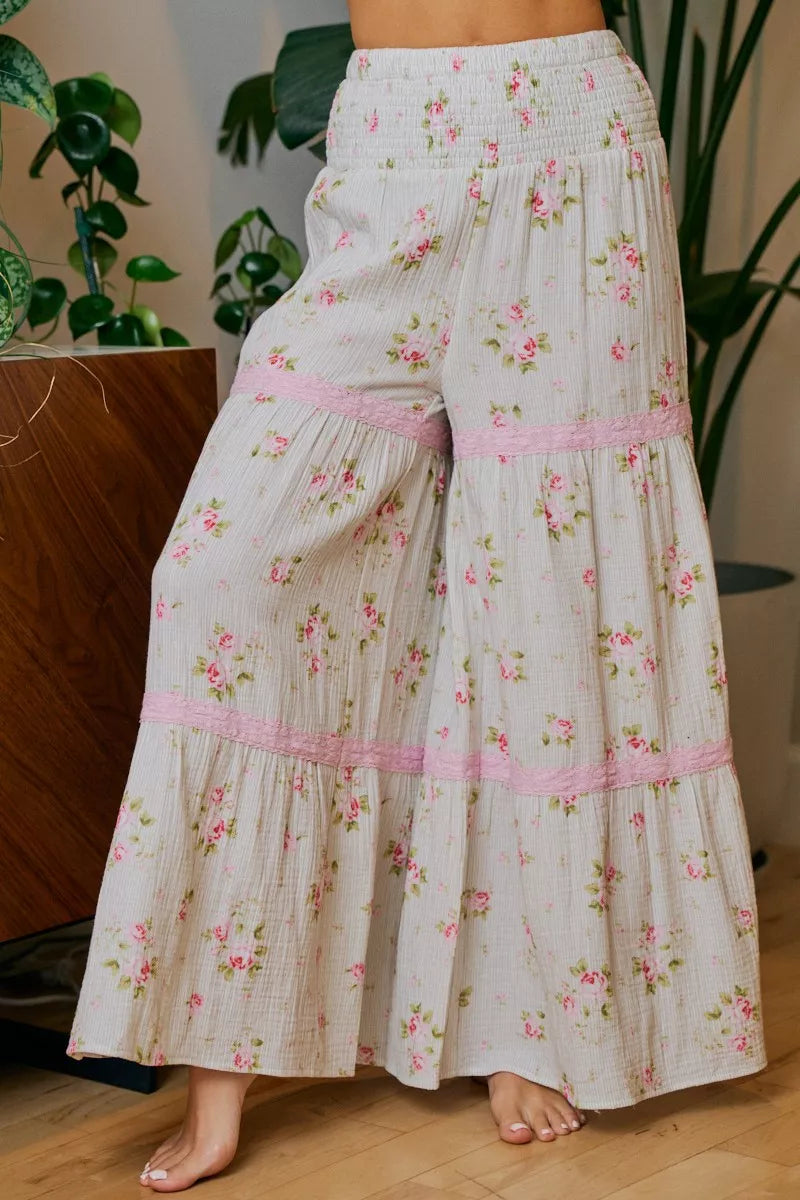 BIBI Rose Printed Gauze Trim Detail Smocked Maxi Pants on Simply Obsessed