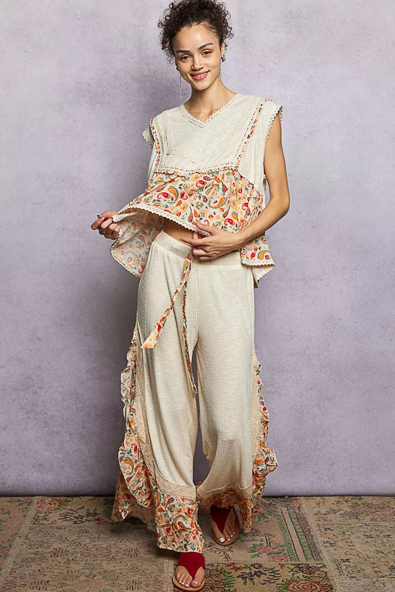 POL Lace Detail Floral Cropped Ruffled Top on Simply Obsessed