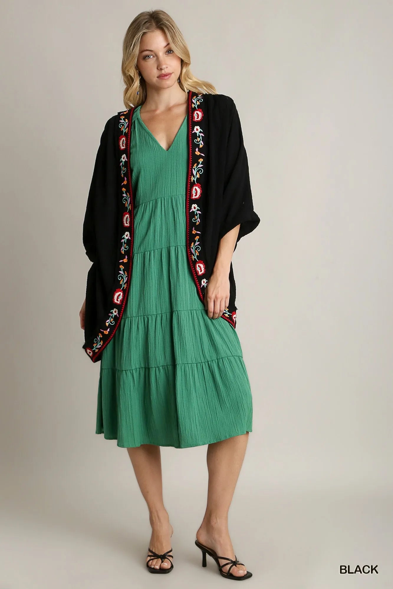 Umgee Embroidery Open Front Kimono with Pleated Shoulder Detail on Simply Obsessed
