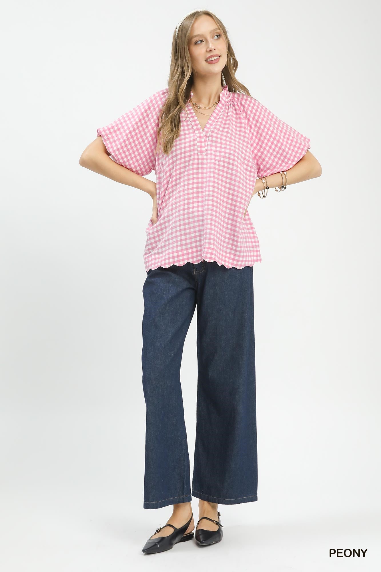 UMGEE Gingham Bubble Sleeve Blouse with Scallop Hem on Simply Obsessed