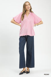 UMGEE Gingham Bubble Sleeve Blouse with Scallop Hem on Simply Obsessed