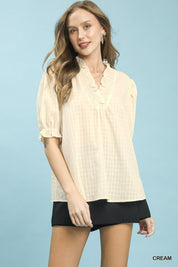 UMGEE Textured Check Ruffle V-Neck Blouse **DEBUT SALE** on Simply Obsessed