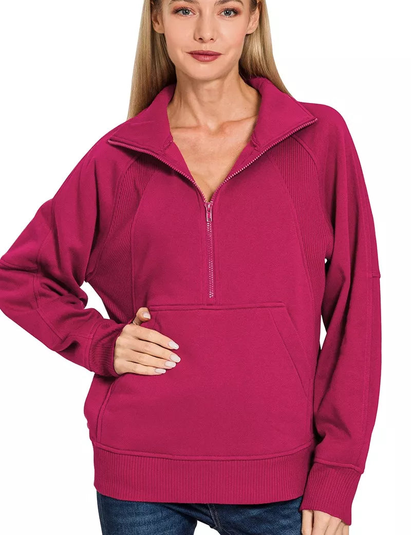 ZENANA Half Zip Fleece Sweatshirt with kangaroo Pocket on Simply Obsessed