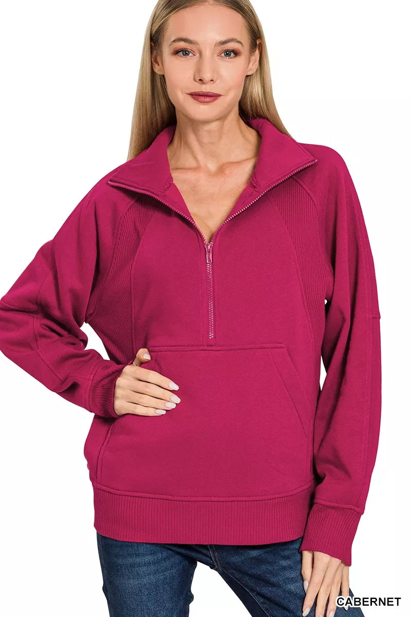ZENANA Half Zip Fleece Sweatshirt with kangaroo Pocket on Simply Obsessed