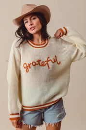 SO ME Thanksgiving Grateful Lettering Stitch Sweater on Simply Obsessed