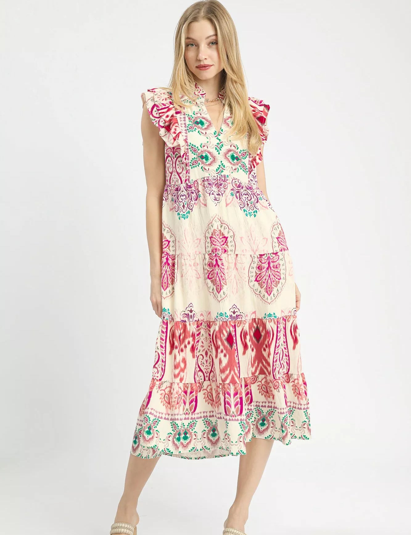 UMGEE Boho Boarder Print Ruffle Midi Dress on Simply Obsessed