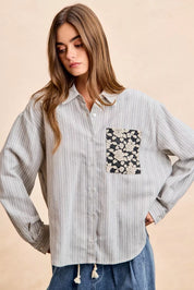 BiBi Flower Jacquard Knit Patch Pocket Stripe Shirt on Simply Obsessed