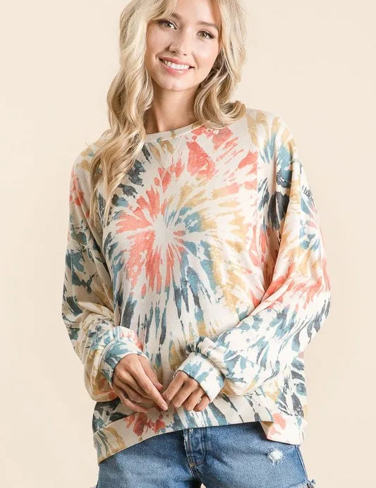 BiBi Tie Dye Print Terry Pull Over on Simply Obsessed