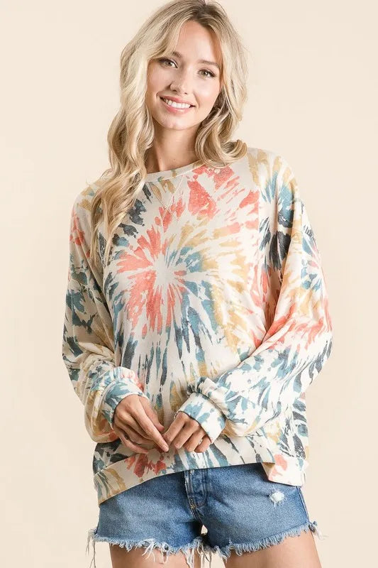 BiBi Tie Dye Print Terry Pull Over on Simply Obsessed