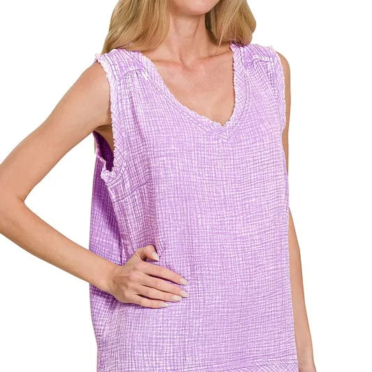 ZENANA Double Gauze Raw Edge Acid Washed Tank on Simply Obsessed