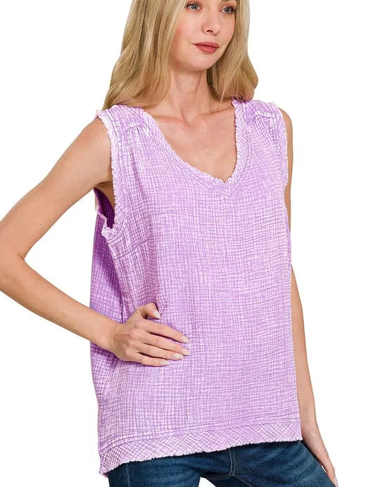 ZENANA Double Gauze Raw Edge Acid Washed Tank on Simply Obsessed