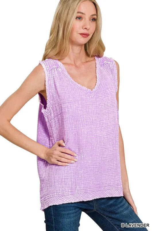 ZENANA Double Gauze Raw Edge Acid Washed Tank on Simply Obsessed