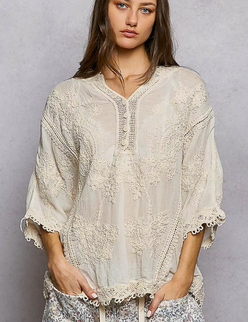 POL Floral Embroidered Top with Trim Edge on Simply Obsessed
