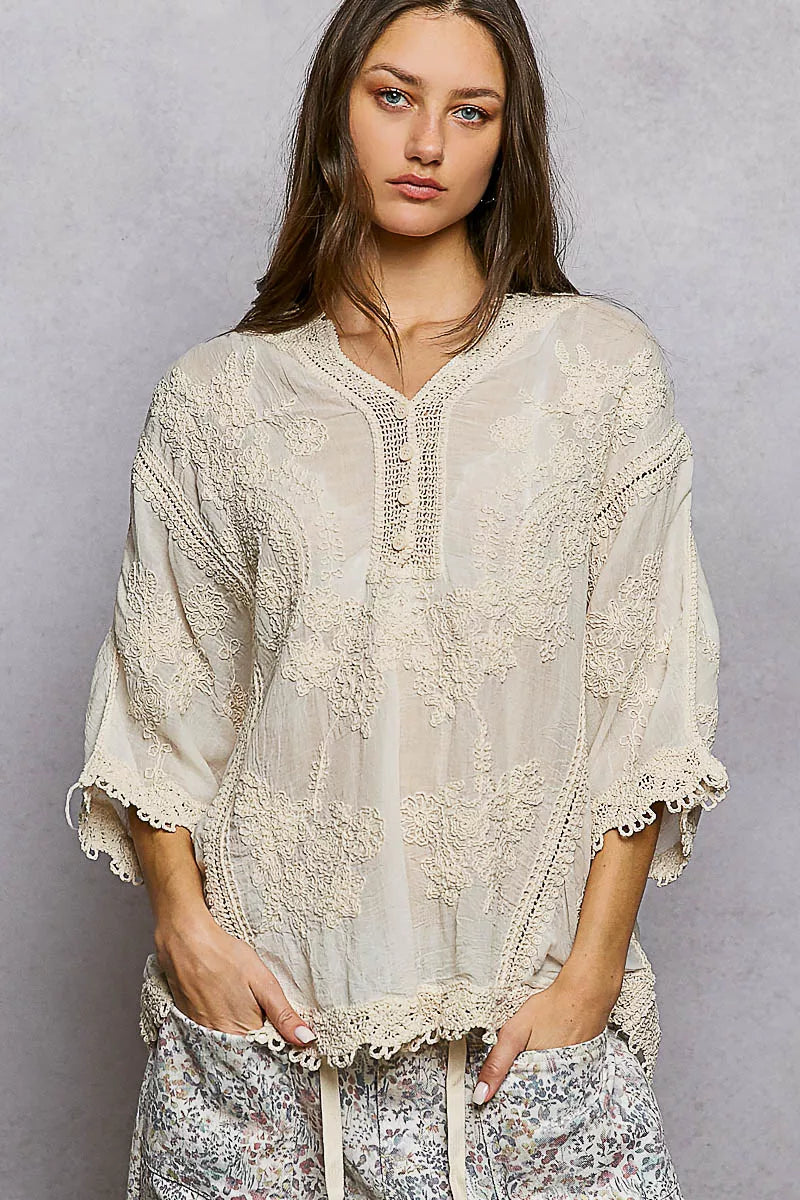 POL Floral Embroidered Top with Trim Edge on Simply Obsessed