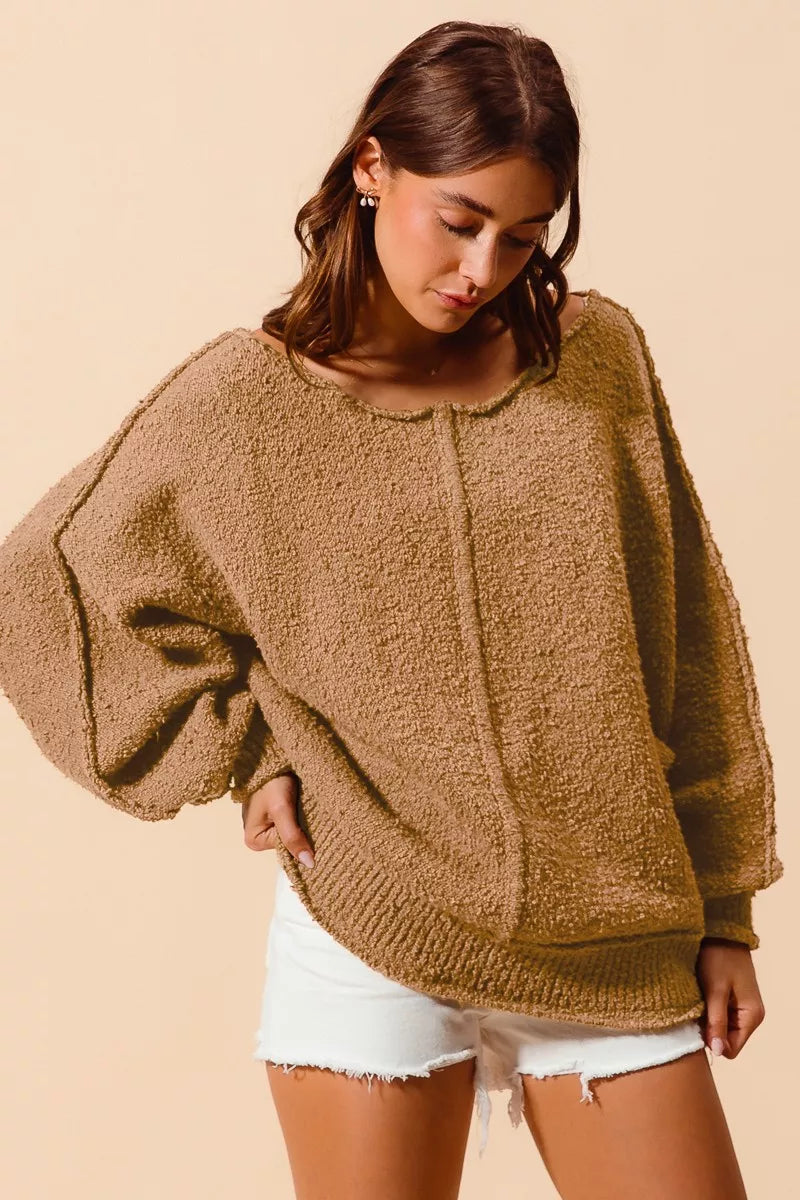 SO ME Loose Fit Exposed Seam Slouchy Boucle Sweater on Simply Obsessed