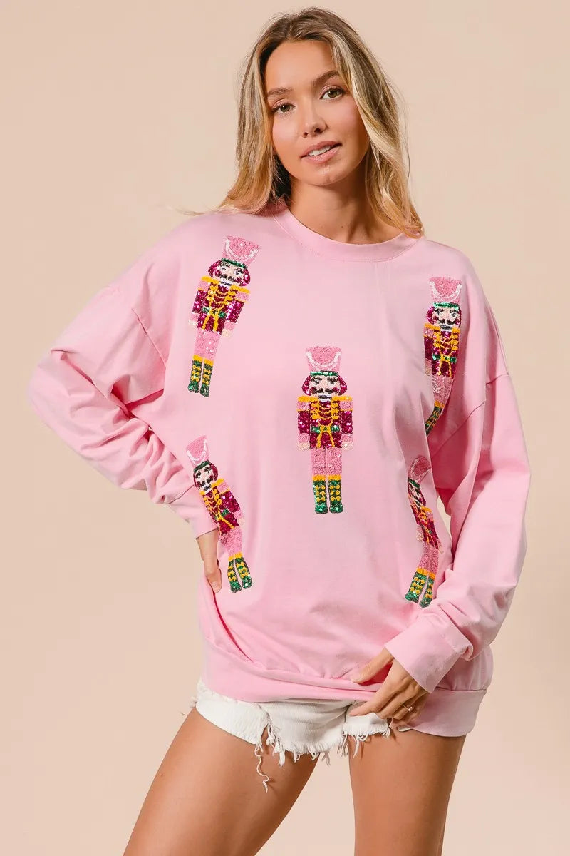 BIBI Sequin Nutcrackers Embroidery Christmas Sweatshirt on Simply Obsessed
