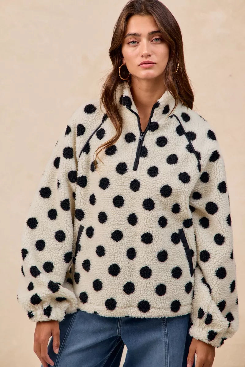 BIBI Polka Dot Sherpa Half Zip Up Top with Side Pocket on Simply Obsessed