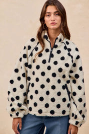 BIBI Polka Dot Sherpa Half Zip Up Top with Side Pocket on Simply Obsessed