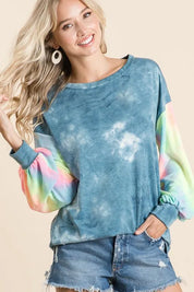 BiBi Tie Dye French Terry Top With Contrast Tie Dye on Simply Obsessed