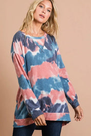 BiBi Tie Dye French Terry Pull Over with Front Stitching Detail on Simply Obsessed