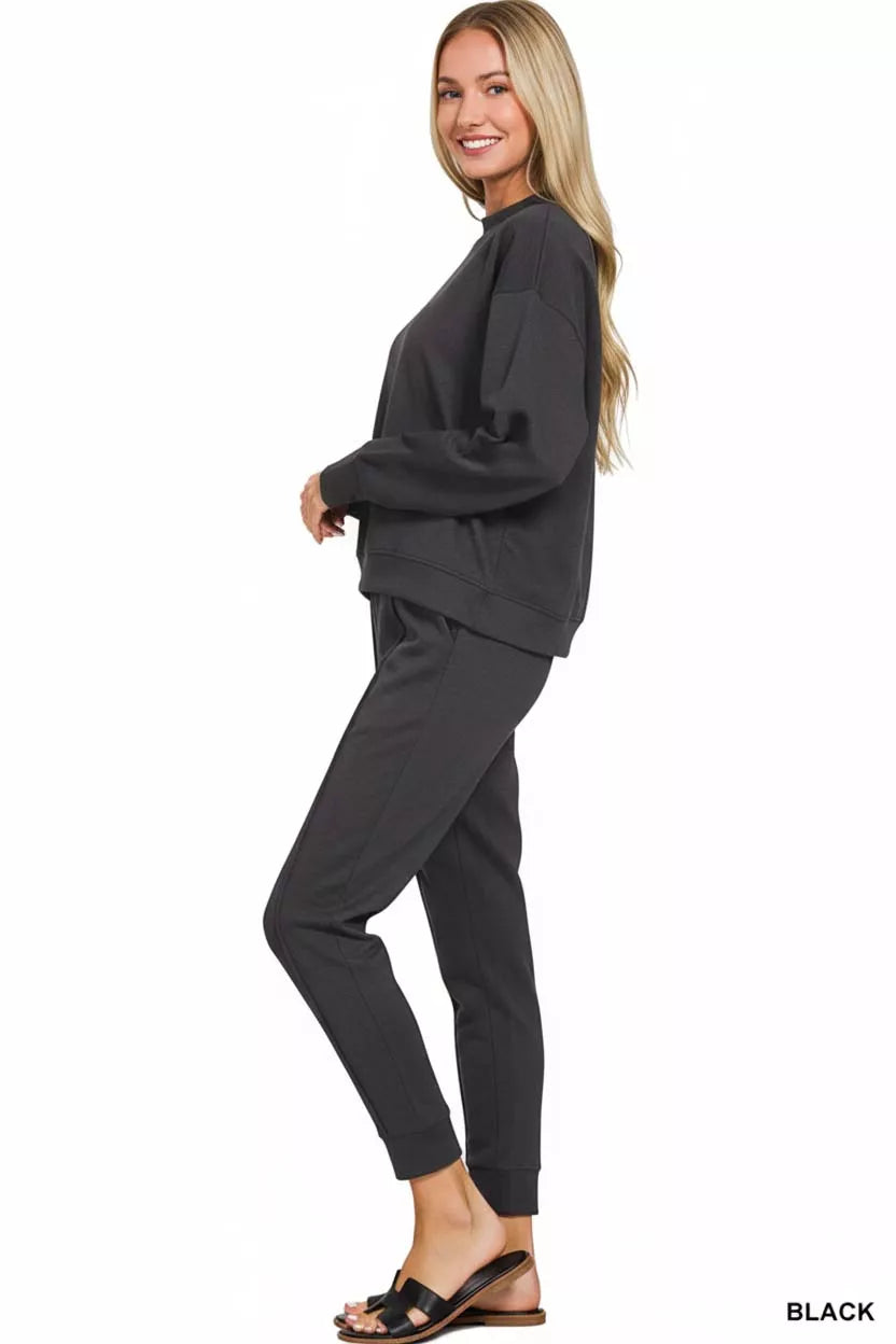 ZENANA Scuba Mock Neck Sweatshirt and Joggers Set on Simply Obsessed