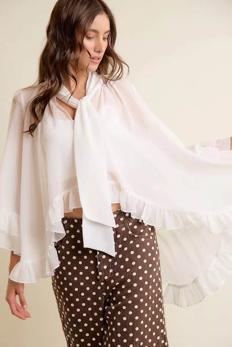 SO ME Sheer Ruffle Bell Sleeves Bow Tie Flowy Blouse Top on Simply Obsessed