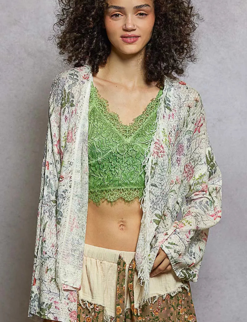 POL Open Front Floral Cardigan with Center Open Fringe on Simply Obsessed